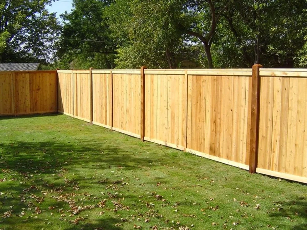 New cedar privacy fence along a green backyard lawn
